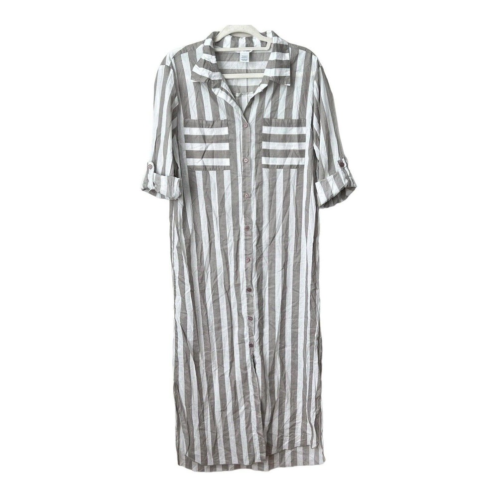 Striped Button-Front Maxi Shirt Dress - Gray & White